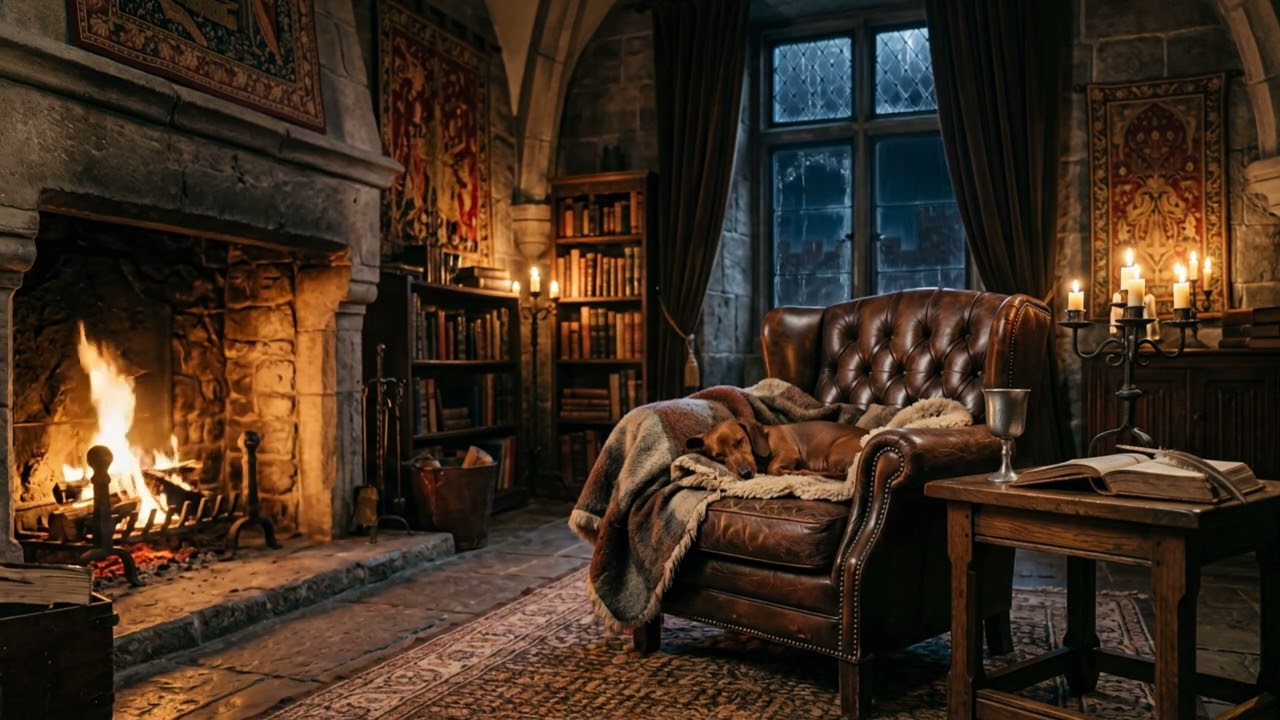Medieval Castle Fireplace & Rain with your Dachshund | Cozy Sleep Ambience | 8 Hours