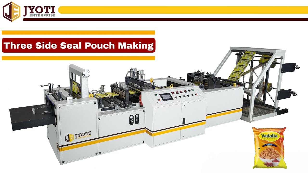 THREE SIDE SEAL POUCH MAKING MACHINE.