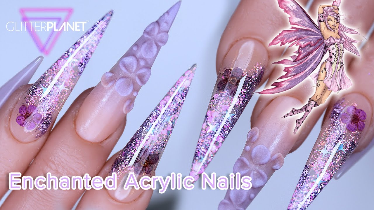 Fairytale Lilac Purple Stiletto Acrylic Nails 💜 3D FLOWERS | Encapsulated DRIED Flowers