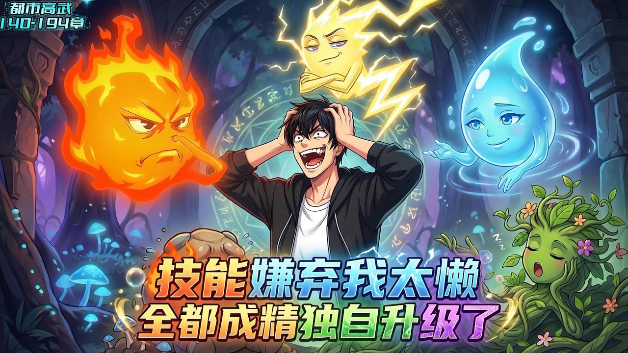 《续集:140-194章》穿越到全民转职的异界，觉醒为没有元素亲和的白板法师，结构每个技能都成精了，暴躁的火、怕死的土、高冷的雷还骂我是一无是处的废物法师#漫画解说 #小说 #都市高武