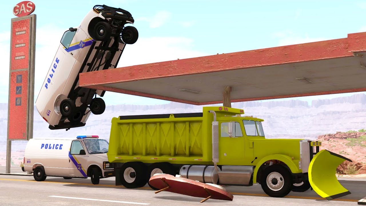ВРЕЗАНИЕ ВО ВЗОРВАВШУЮСЯ АЗС - Полицейская погоня на BeamNG Drive