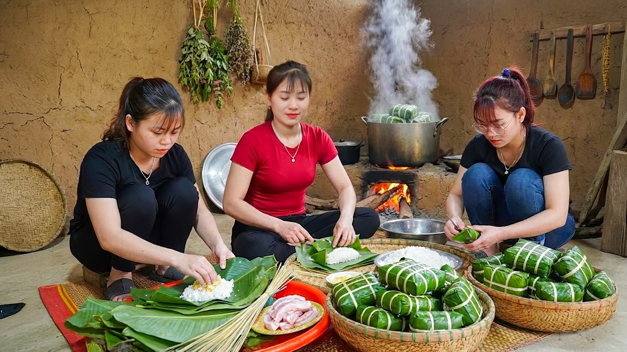 Tet New Year Whole Family Making Traditional Chung Cake with Pork, Sticky Rice and Mung Beans