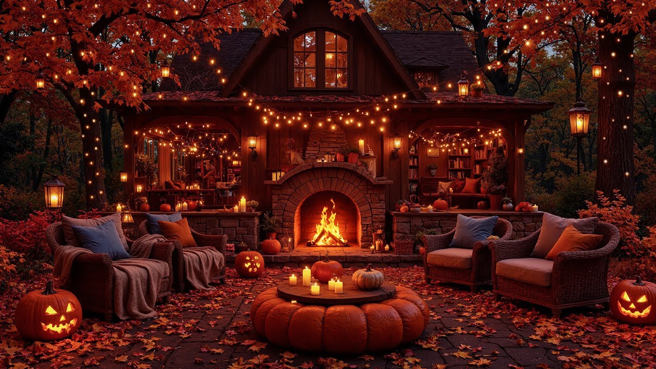 Spooky Autumn Jazz Ambience 🔥 Halloween Night Forest by the Fireplace with Gentle Relaxing Tunes