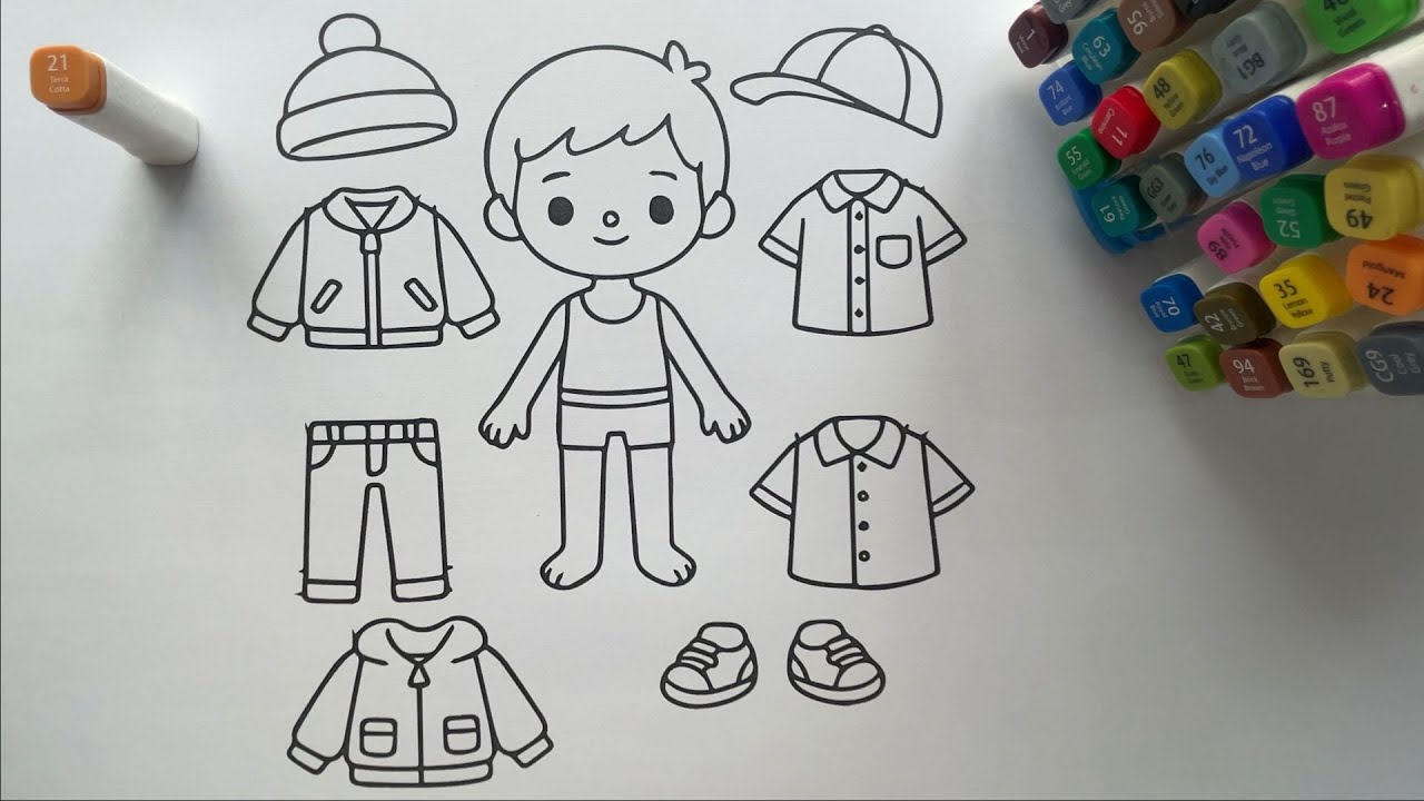 Tranh tô màu búp bê bé trai, quần áo - How to Color Baby Boy Doll, Clothes Coloring pages for kids