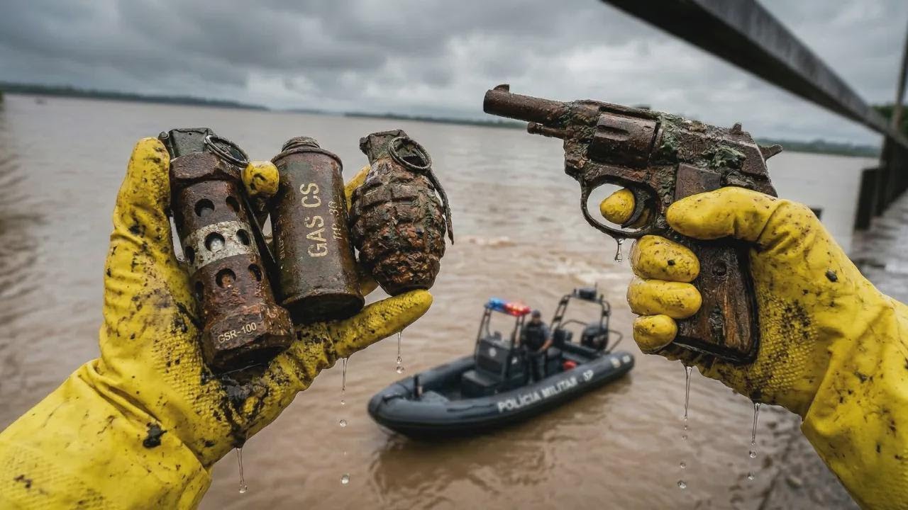Wir finden Granaten und eine Waffe auf dem Flussgrund