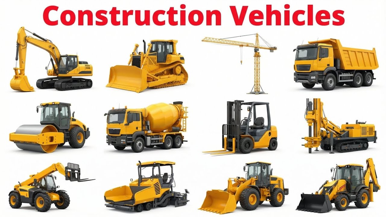 20 निर्माण वाहनों के नाम बच्चों के लिए | Learn Heavy Machines in English Hindi | Educational Video