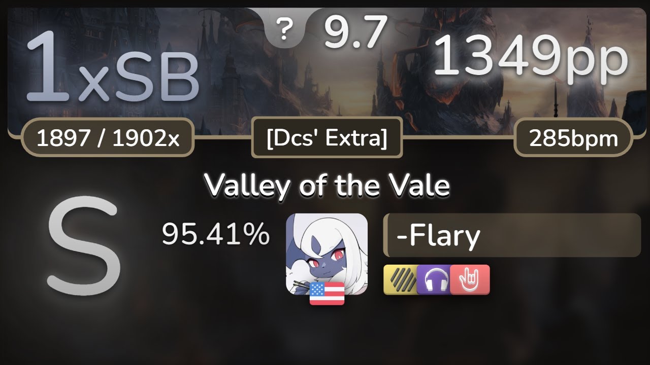 9.7⭐ -Flary | Twilight Force - Valley of the Vale [Dcs' Extra] +HDNCHR 95.41% | 1349pp 1xSB - osu!