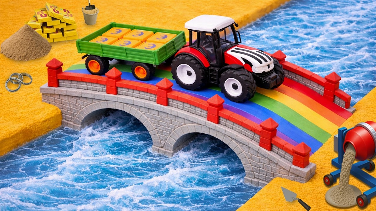 DIY Mini Rainbow Arch Bridge - Building a Strong Brick Road over Water with Cargo Tractor