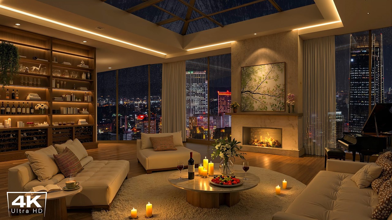 4K Relaxing Rainy Night | Luxury Apartment Ambience with Elegant Piano Jazz Music for Sleep & Chill
