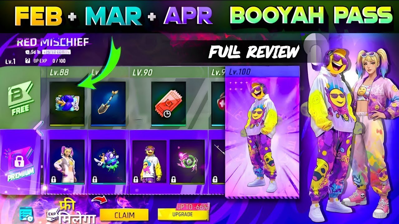 Next booyah pass full review free fire || March April and May booyah pass full review free fire