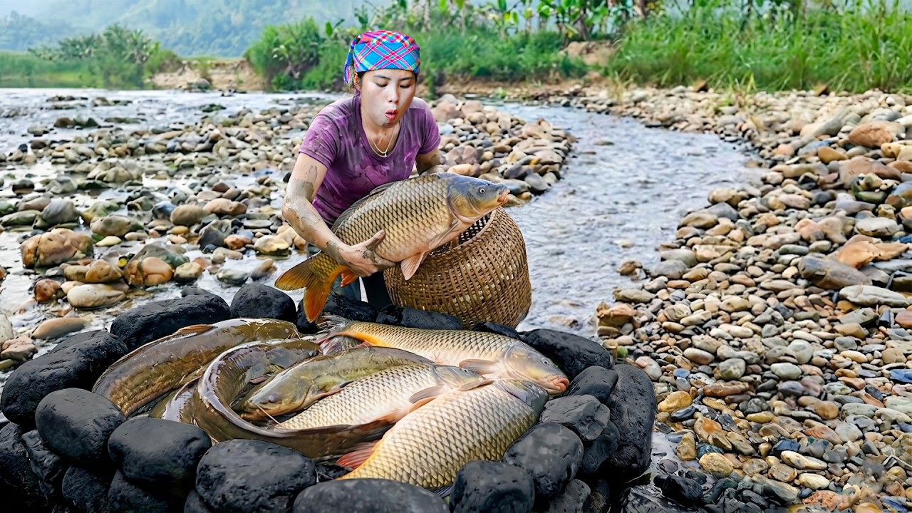 Draining a Natural Pond to Catch Giant Fish | Selling at the Market with My Son and Daughter