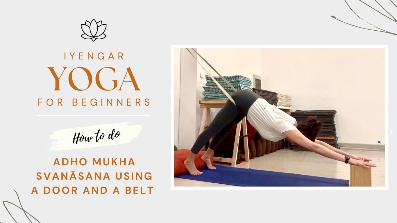 Adho Mukha Svanasana using a door & a long belt to create a top rope. Traction, restorative yoga