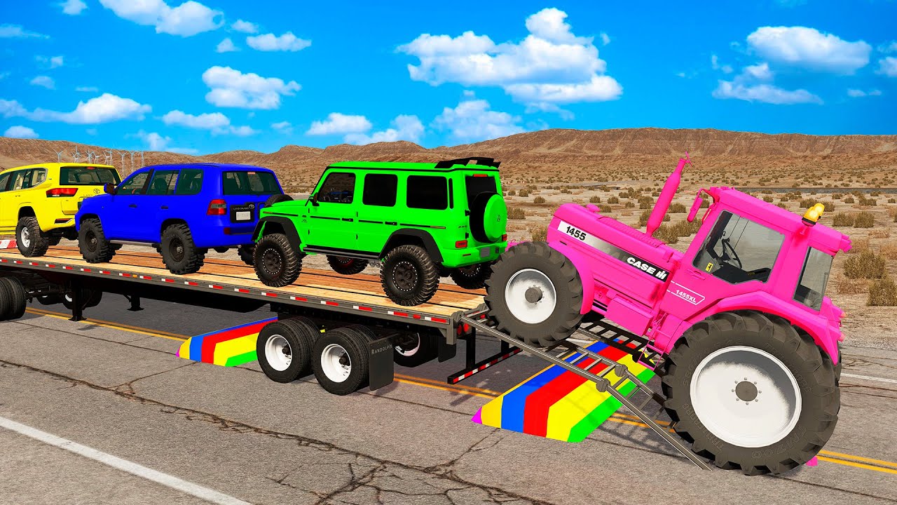 TRANSPORTING PIXAR CARS & FRUITS WITH COLORED & JOHN DEERE vs CLAAS vs TRACTORS - BeamNG.drive #983