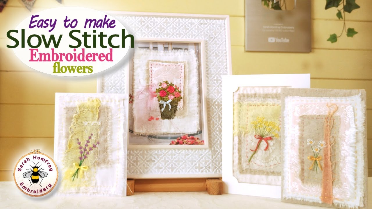 Simple hand embroidered flower projects on easy to make slow stitching backgrounds!