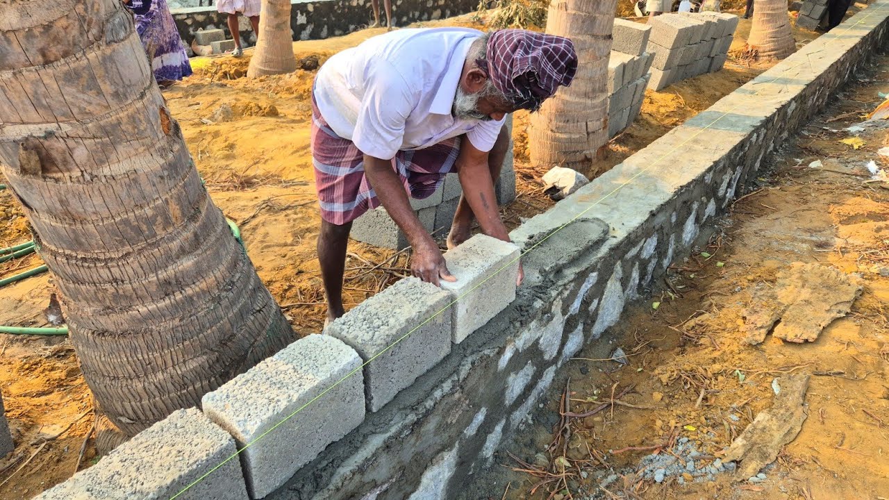 HollowBlock Masonry Wall Construction _Techniques of Solid Block Wall Build Accurately with Cement 