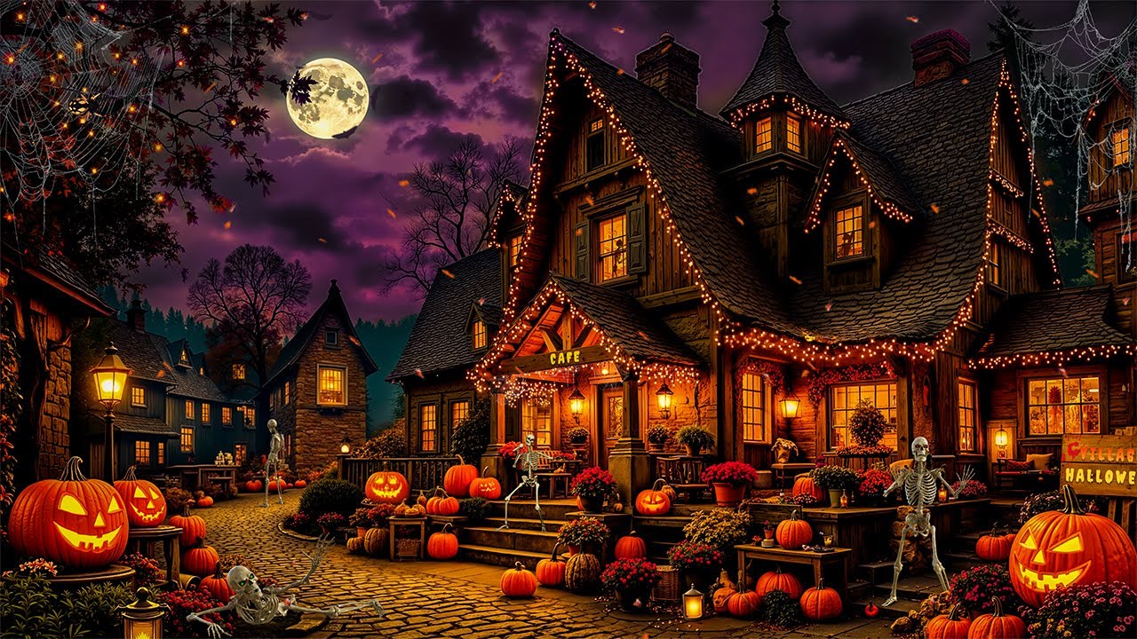 Cozy Autumn Village Halloween Ambience 🎃🦇 Spooky Halloween Jazz & Fall Leaves, Night Scary Sounds