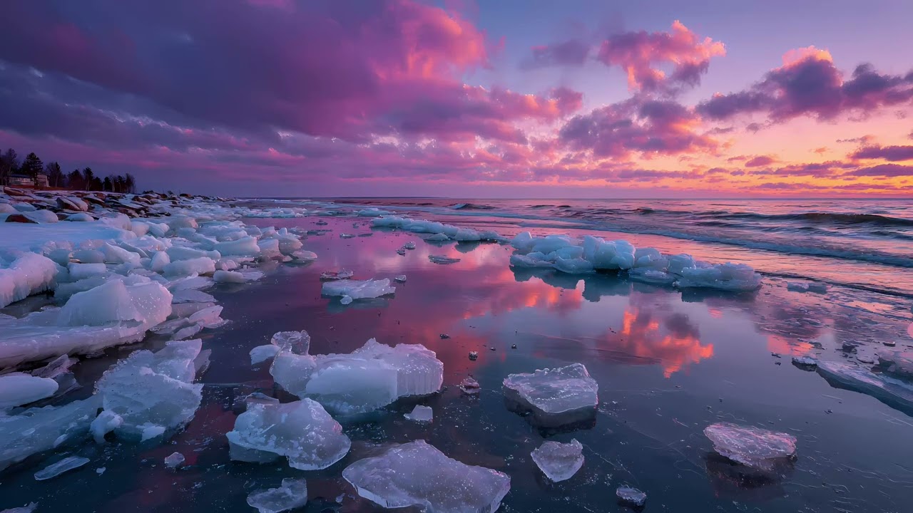 4K | Hypnotic Pink Sunset Ice Beach for QLED Color Showcase | Vibrant Mood Setting Art