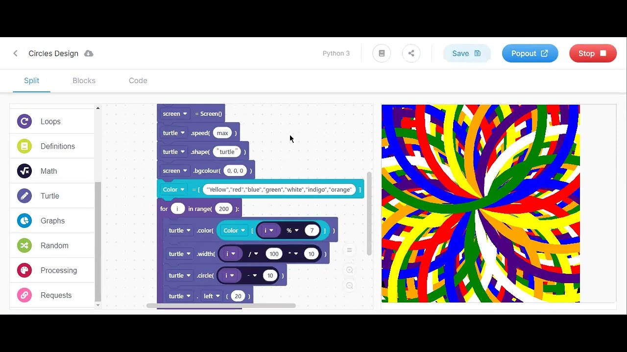 beautiful circle design or pattern in edublocks python