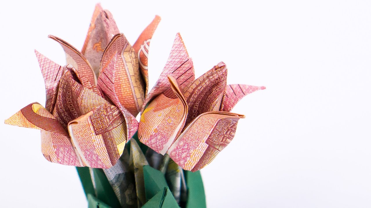 Geld falten Blumen: Tulpen Blumentopf aus Geldscheinen basteln
