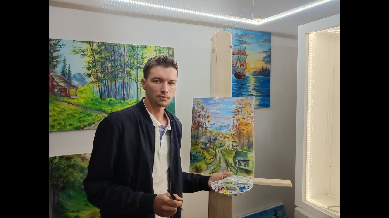 PICTURA CU SAT ROMANESC / LEARN TO PAINT / CUM SA PICTEZI UN PEISAJI CU CASE SI MUNTI