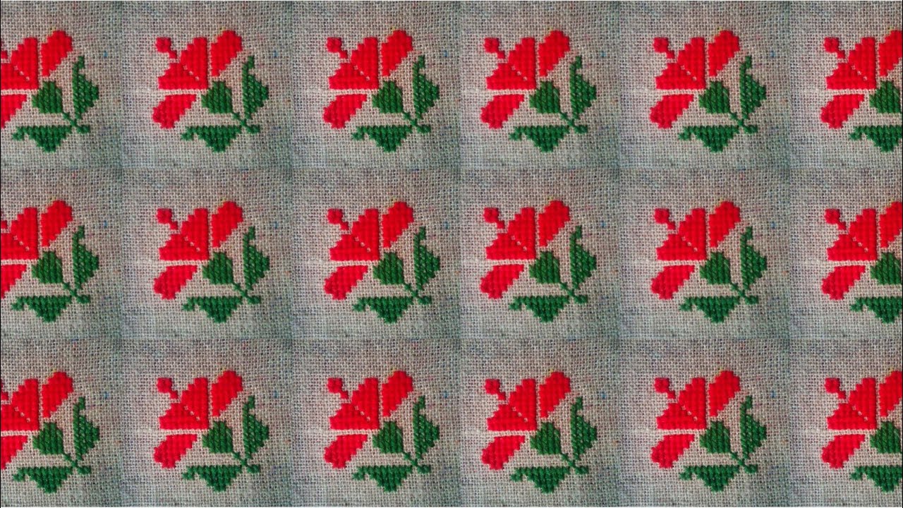Cross stitch hibiscus flower design. How to make woolen seat mat /door mat/table mat design.