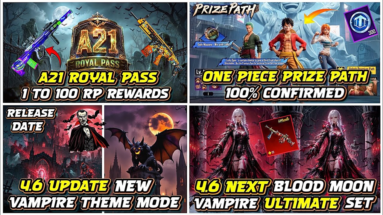 4.6 NEXT ONE PIECE PRIZE PATH 😍| NEW A21 ROYAL PASS FULL LOOK 🎃| NEXT VAMPIRE ULTIMATE SET🧛&zwj;♀️ PUBGM