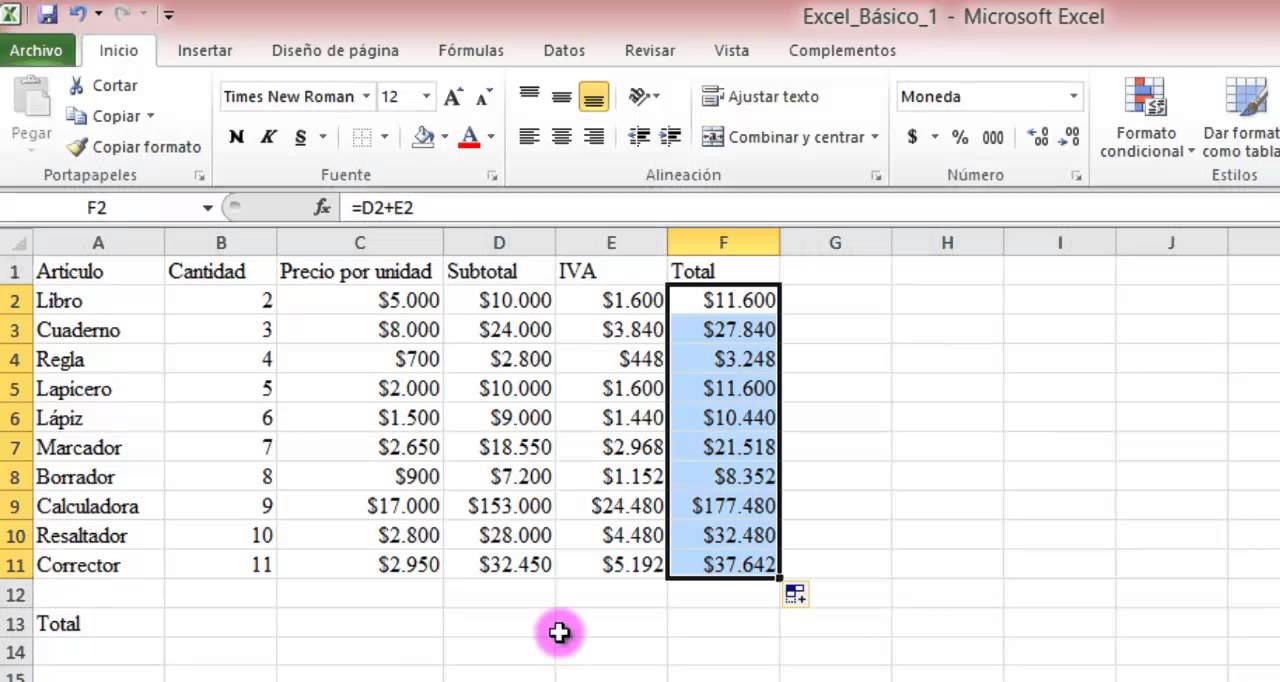 Lista de compras (Excel b&aacute;sico 1)