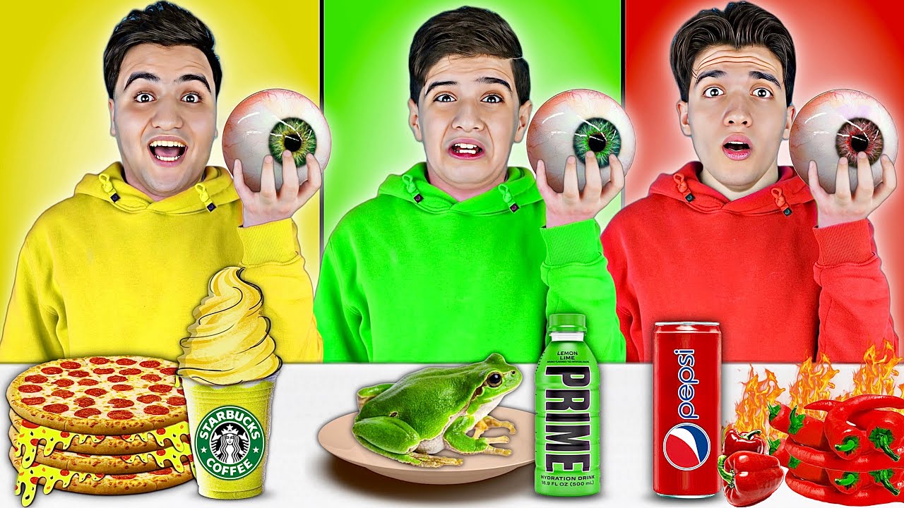 تحدي اكل يوم كامل بنفس لون ملابسنا ! 🟥🟩🟨 اخر من يتوقف يتعاقب 🤯❌ مقلب في مروان 😱