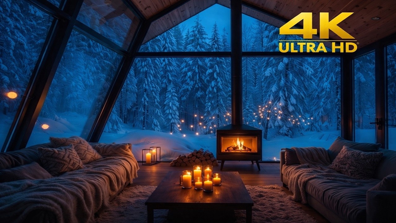 Winter Cozy Cabin Ambience ❄️🔥 Snowfall, Fireplace Glow & Soft Wind| Dark Sleep Soundscape (4K) (1H)