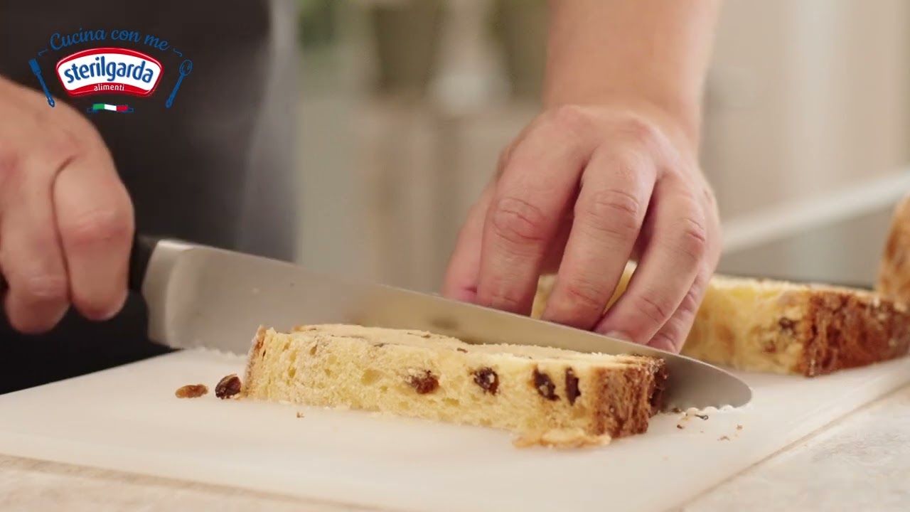Cubi di panettone caramellati e crema al croccante