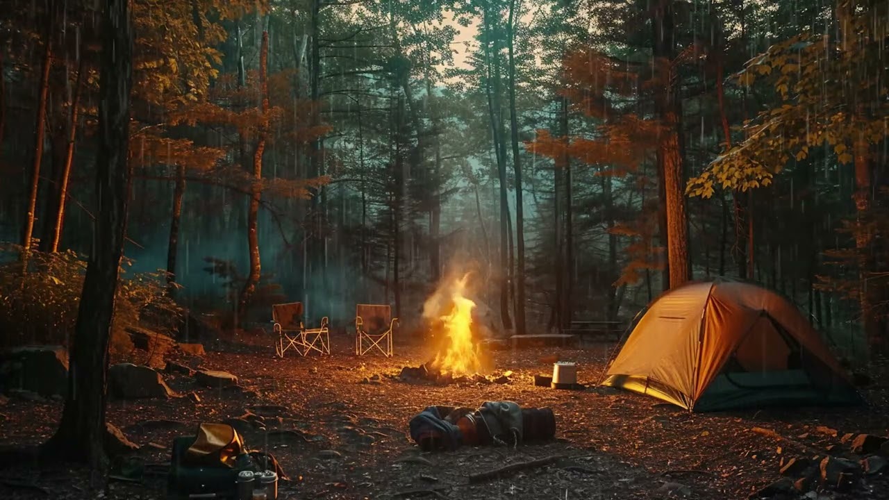 Regen auf dem Zeltdach und knisterndes Lagerfeuer in der Nacht – Entspannende Naturgeräusche