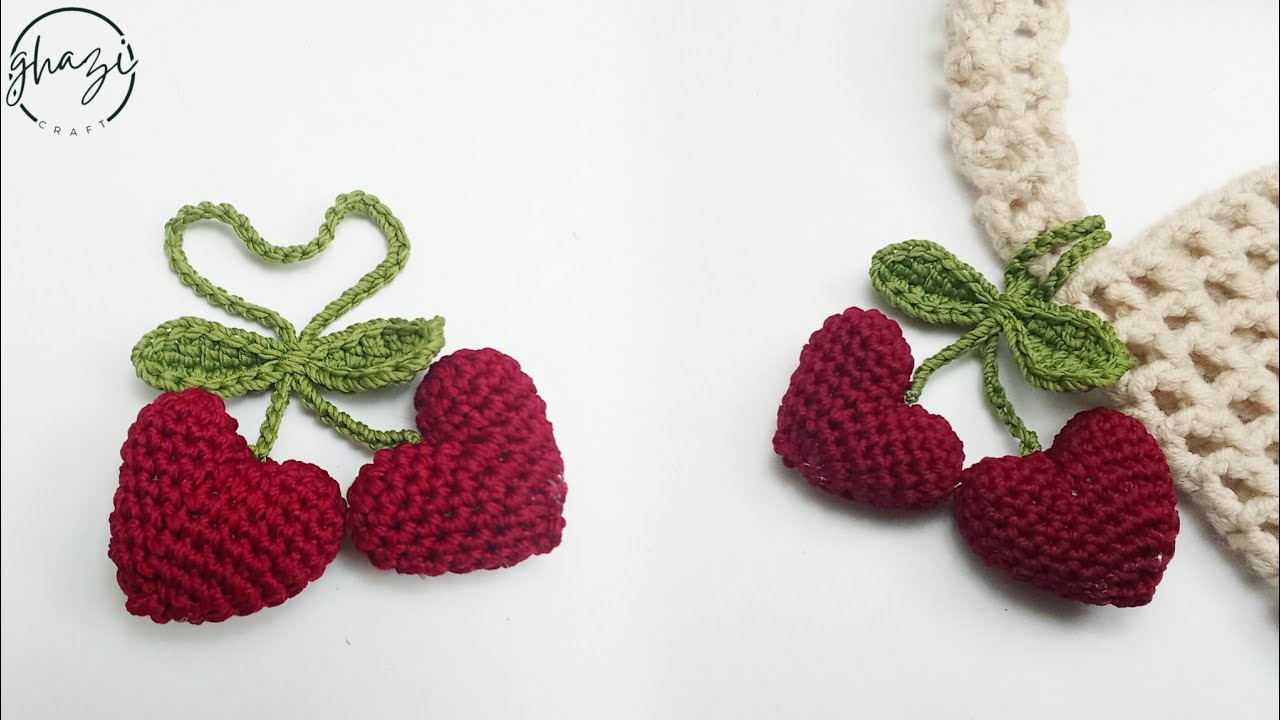 Crochet Cherry Heart Keychain / Crochet Bag Charm For Valentine 