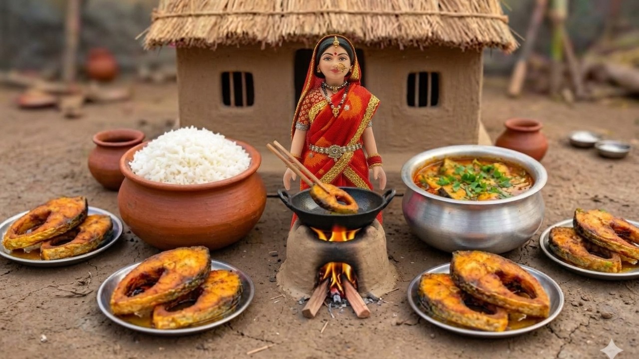 Miniature Doll Cooks Giant Fish Curry | Relaxing Indian Tiny Kitchen ASMR