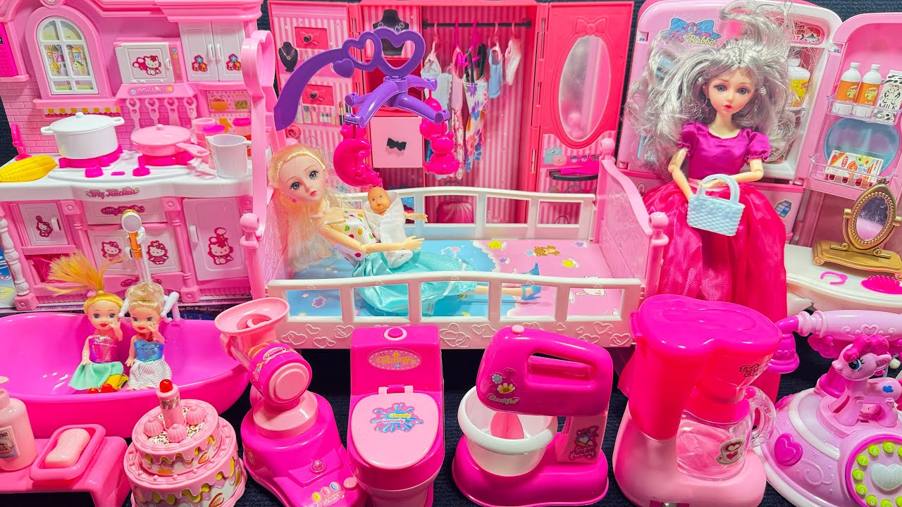 13 Minutes Satisfying with Unboxing Barbie Rocking Bed Play Set, Pink kitchen Toys Review | ASMR