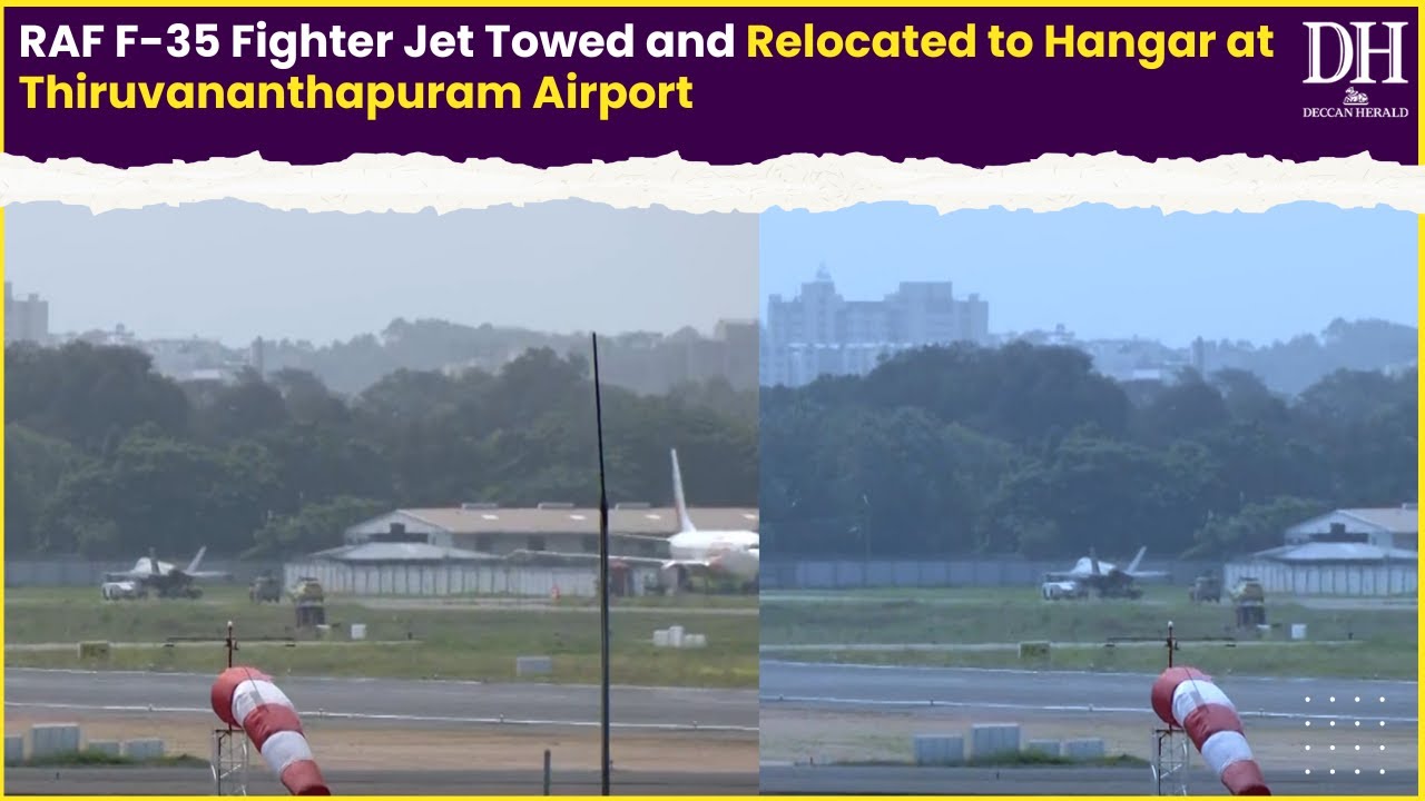 RAF F 35 Fighter Jet Towed and Relocated to Hangar at Thiruvananthapuram Airport