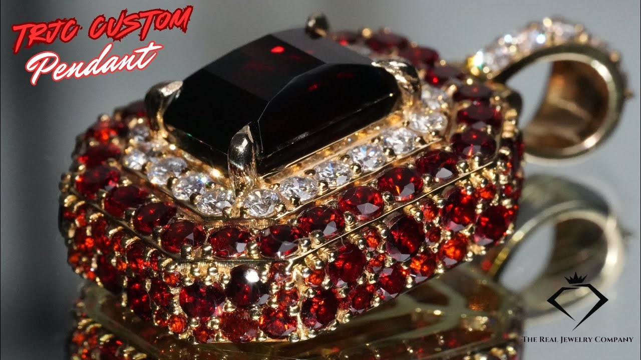 Custom Pixel Cut Garnet Diamond Halo Pendant from TRJC | Collection Complete 
