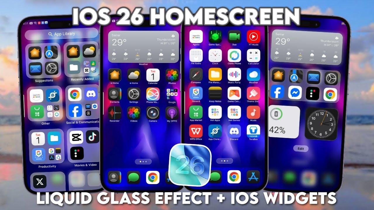 Макет главного экрана iOS 26 в стиле iPhone + виджеты и иконки iOS на Android