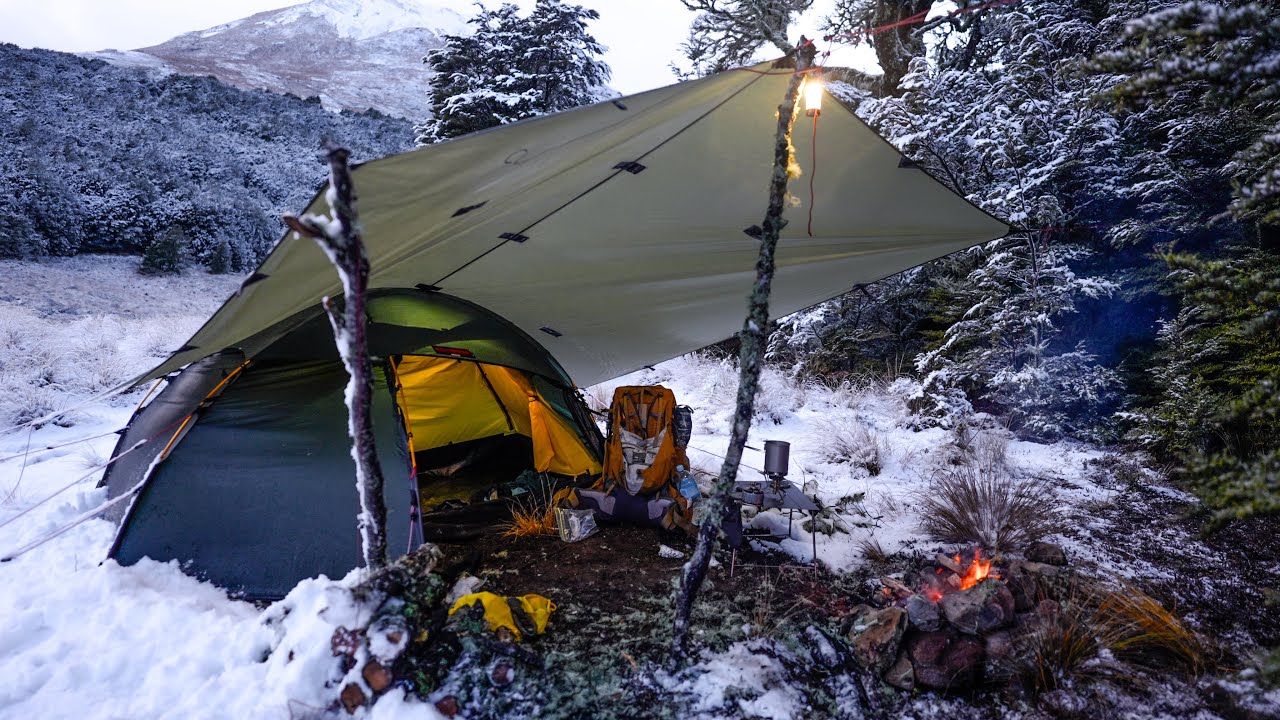CAMPING in a WINTER STORM - Snow and Camping in Heavy Rain