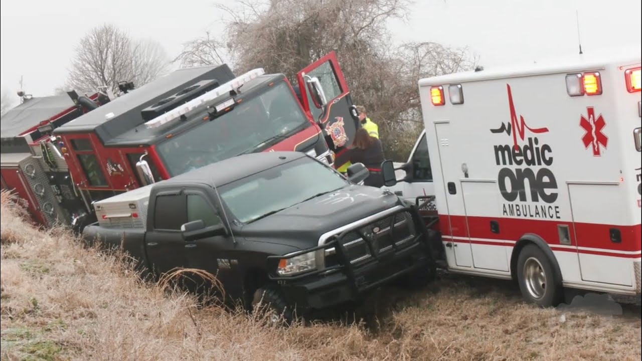 02-10-2021 Trumann, AR icy conditions with Fire Truck and Ambulance accidents and SOT