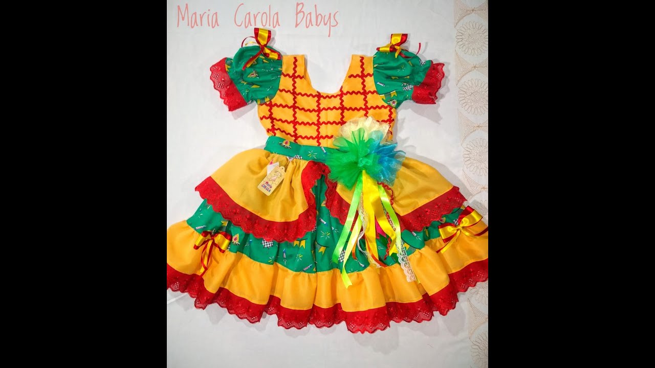 Vestido Junino com decote V nas costas/modelagem gratuita, veste de 3 meses aos 12 anos