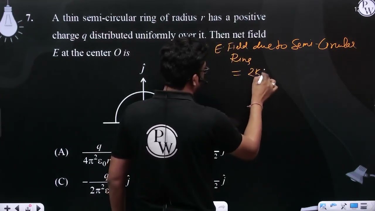 A thin semi-circular ring of radius r has a positive charge q distributed uniformly over it. The....