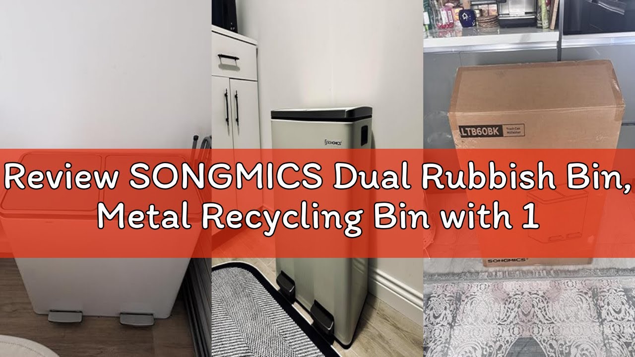 Review SONGMICS Dual Rubbish Bin, Metal Recycling Bin with 15 Rubbish Bags, 2-Compartment, with Lids