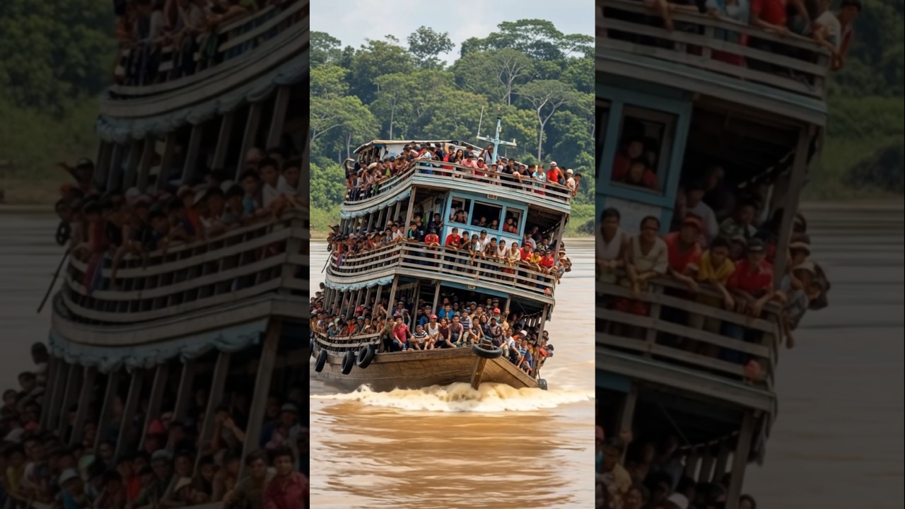 Packed 3-Story Wooden Ferry Loses Balance & Sinks Gradually. #ferry #boat #shorts #viral