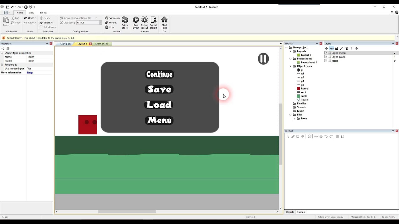 Tutorial Construct 2, como crear menú pausa, salvar y cargar partida.