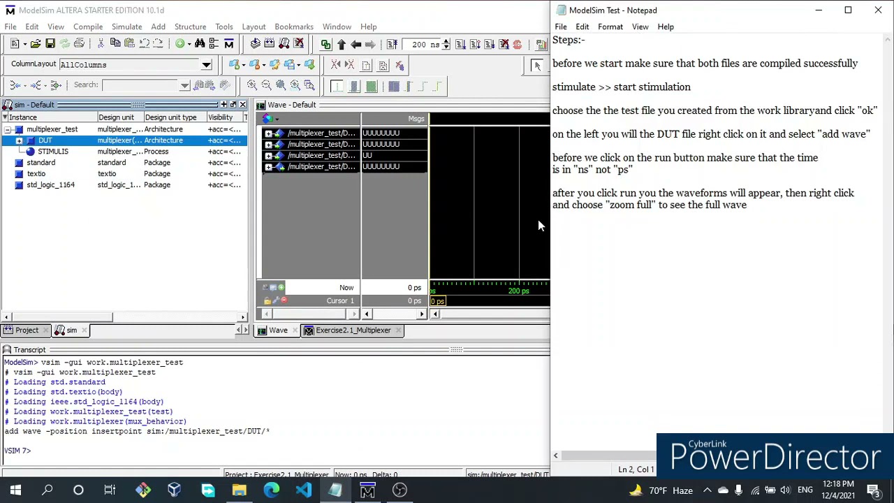 How to start a stimulation with waveforms in ModelSim