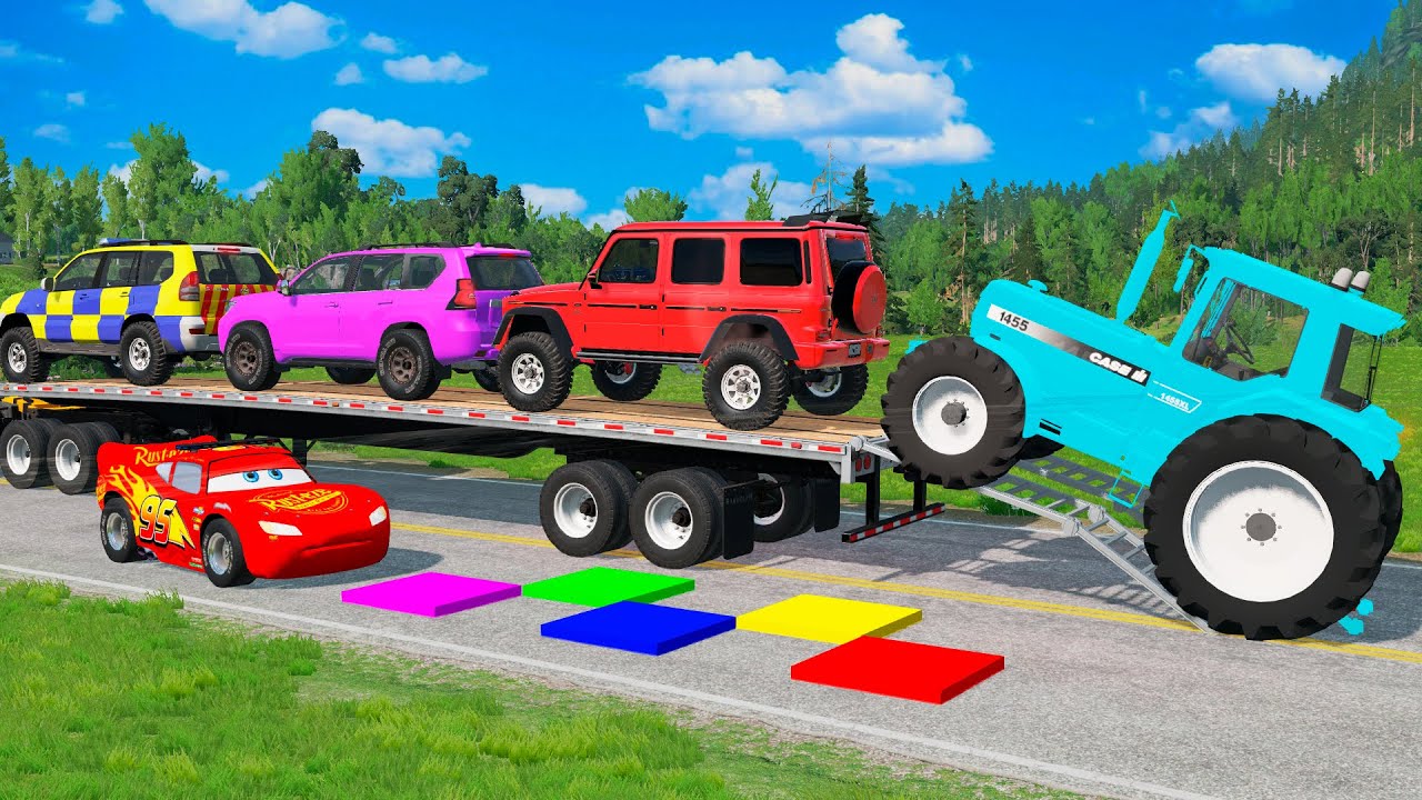 TRANSPORTING PIXAR CARS & FRUITS WITH COLORED & JOHN DEERE vs CLAAS vs TRACTORS - BeamNG.drive #962