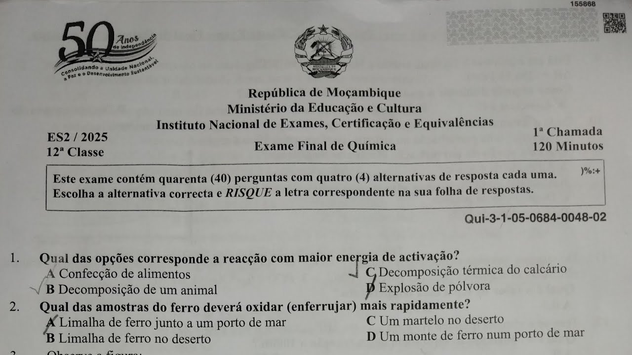RESOLUÇÃO COMPLETA DO EXAME FINAL DE QUÍMICA 12ª CLASSE 2025 1ª CHAMADA 