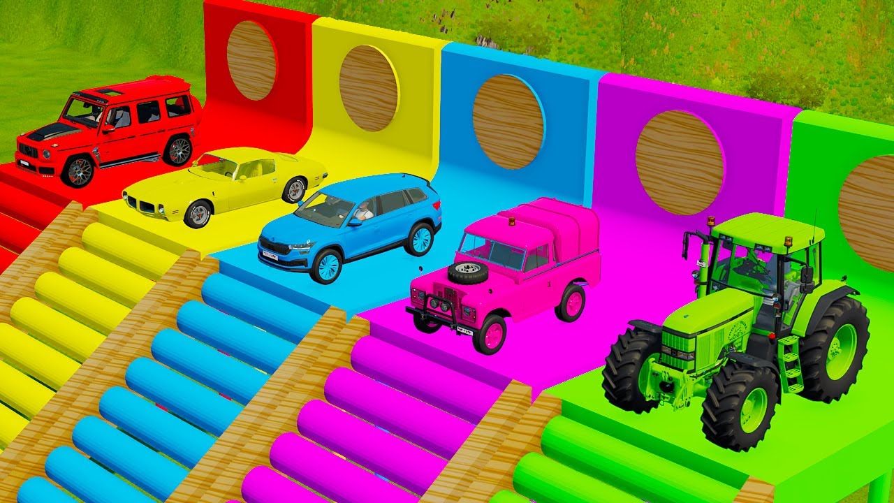TRANSPORTING FIVE COLOR BRABUS, POTIAC, LIZARD, SANATA 88, JOHN DEERE TRUCK - Farming Simulator 22