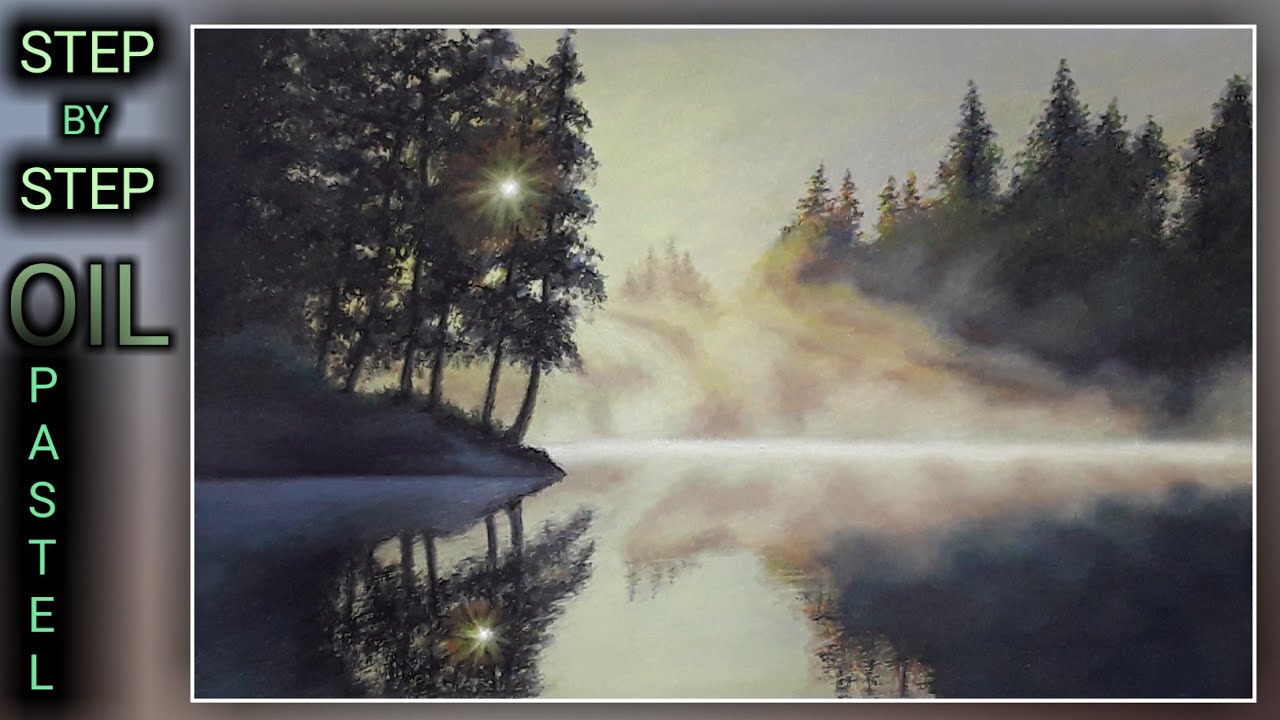 Foggy Day Drawing | Morning Sunrise, Lake Scenery Drawing | Oil Pastel Art