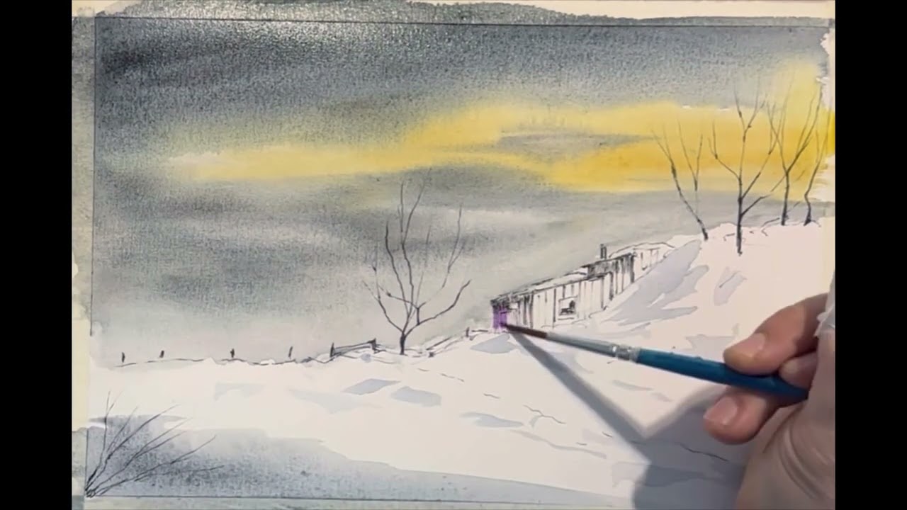 Line and wash watercolor winter snow scene hill acquerello trattopen inverno neve collina tutorial
